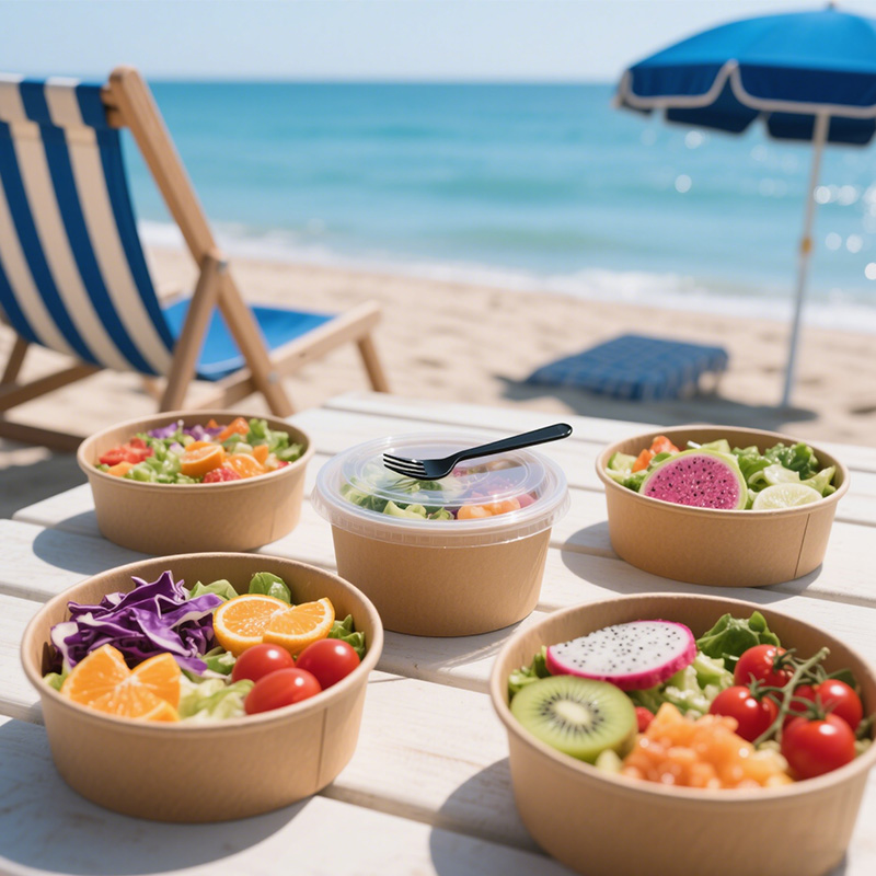 Kraft Paper Bowl Round Disposal Salad Bowl with Plasid Lid