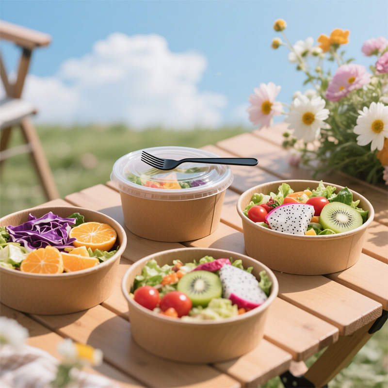 Kraft Paper Bowl Round Disposal Salad Bowl with Plasid Lid