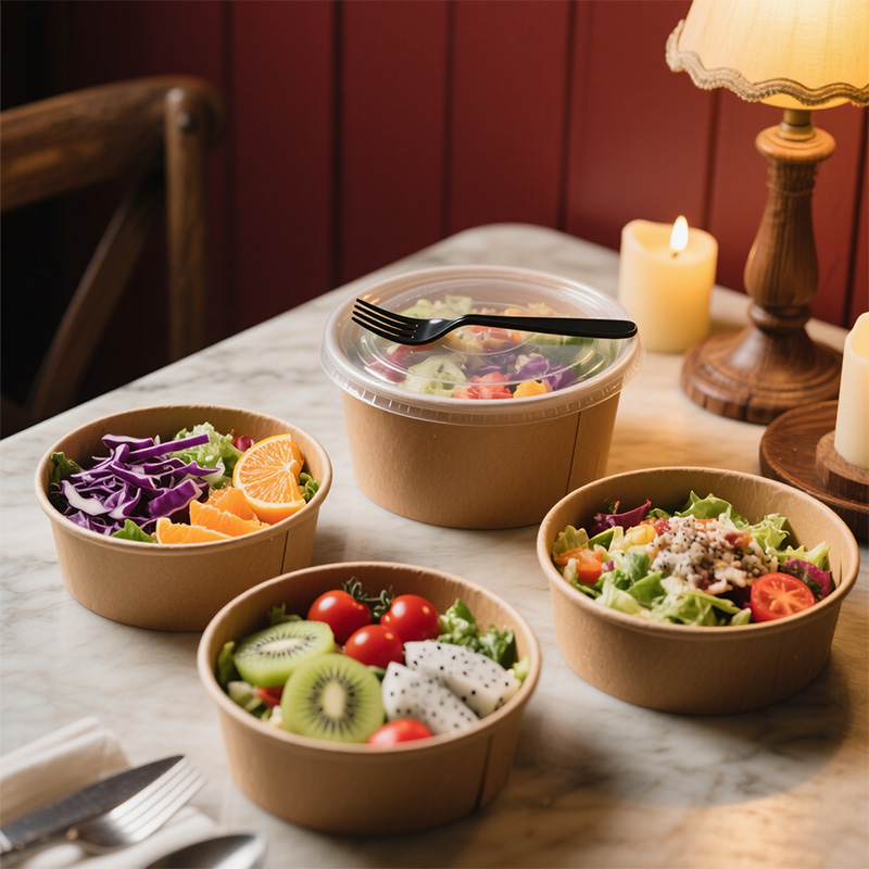 Kraft Paper Bowl Round Disposal Salad Bowl with Plasid Lid
